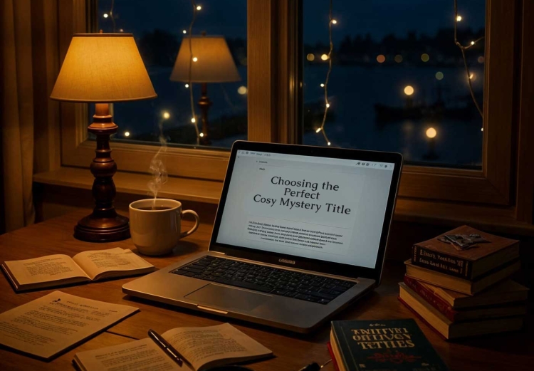 Laptop with Choosing Cosy Mystery Titles on the screen