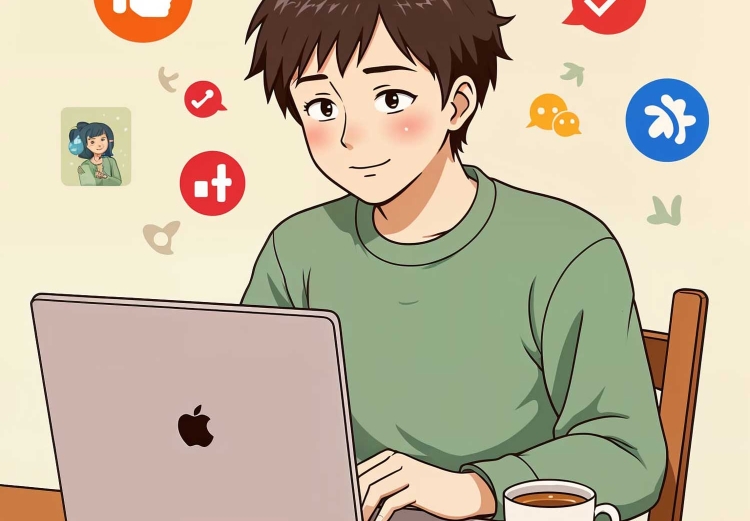 cartoon of writer at a laptop with social media icons
