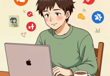cartoon of writer at a laptop with social media icons