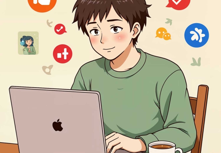 cartoon of writer at a laptop with social media icons
