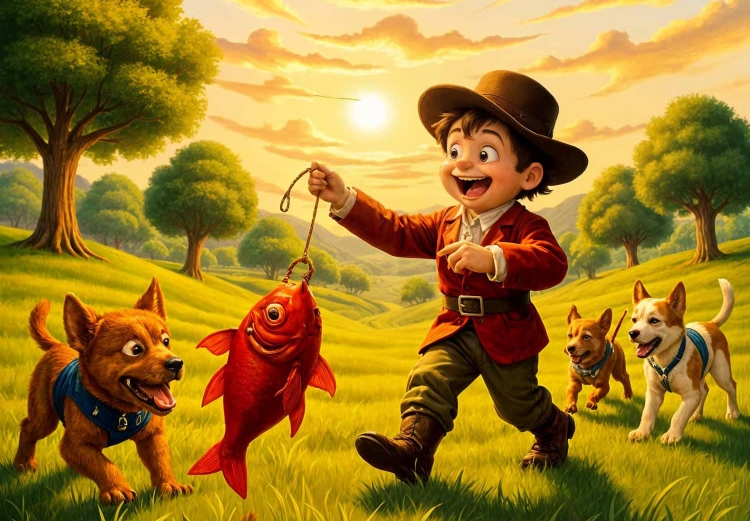 Boy with red herring and dogs