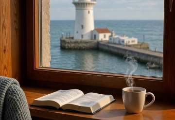 Book by a window overlooking a lighthouse